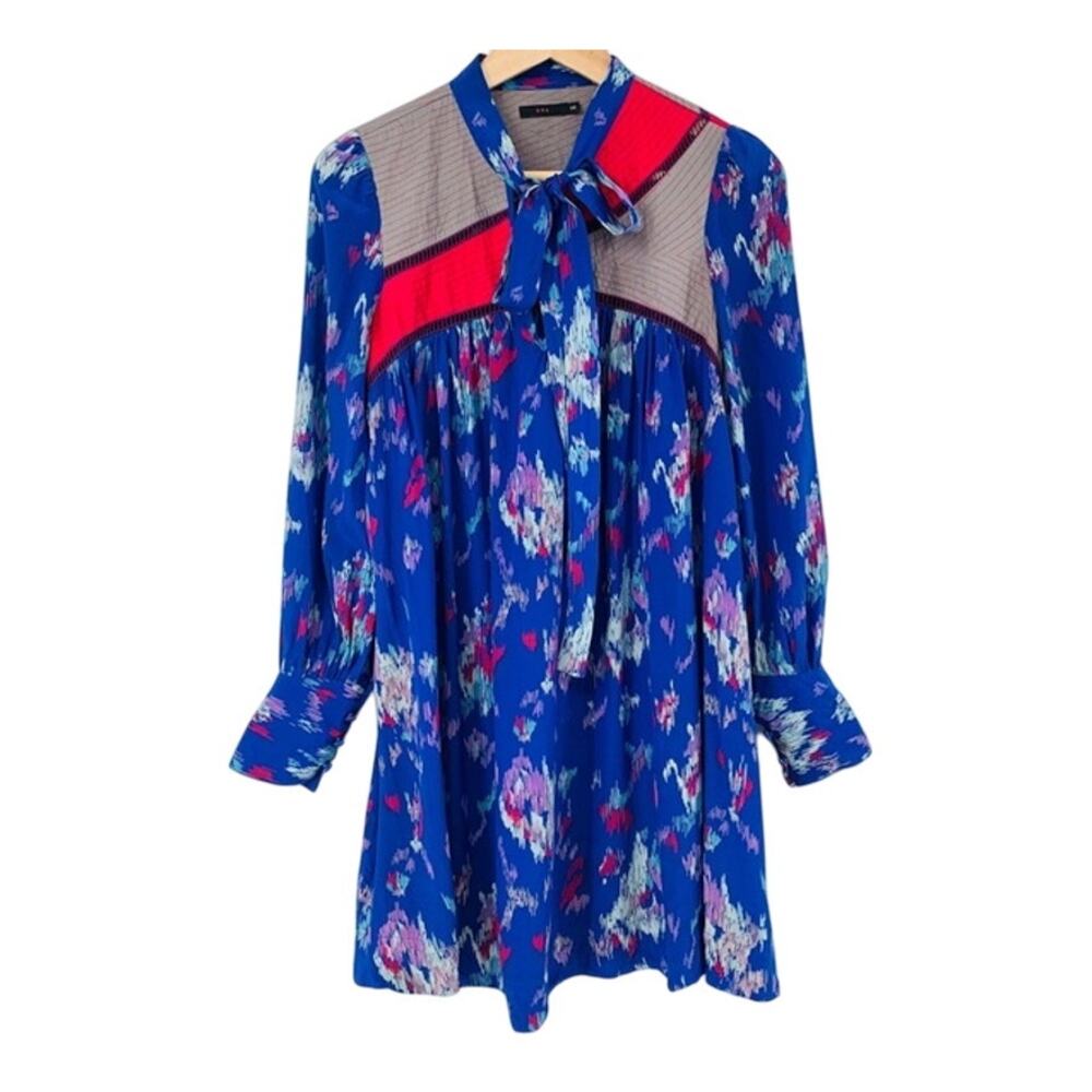 LUX | NWOT Blue Colorful Print Flowy Silk Neck Tie Long Sleeve Mini Tunic Dress